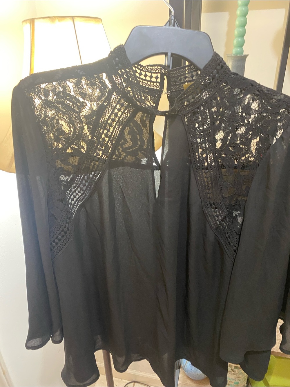 Women's Black Lace Yoke High-Neck Blouse